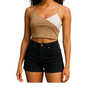 Shein Quite Two Tone CrossoverFront Cami Top Cropped Ribbed Tan White L